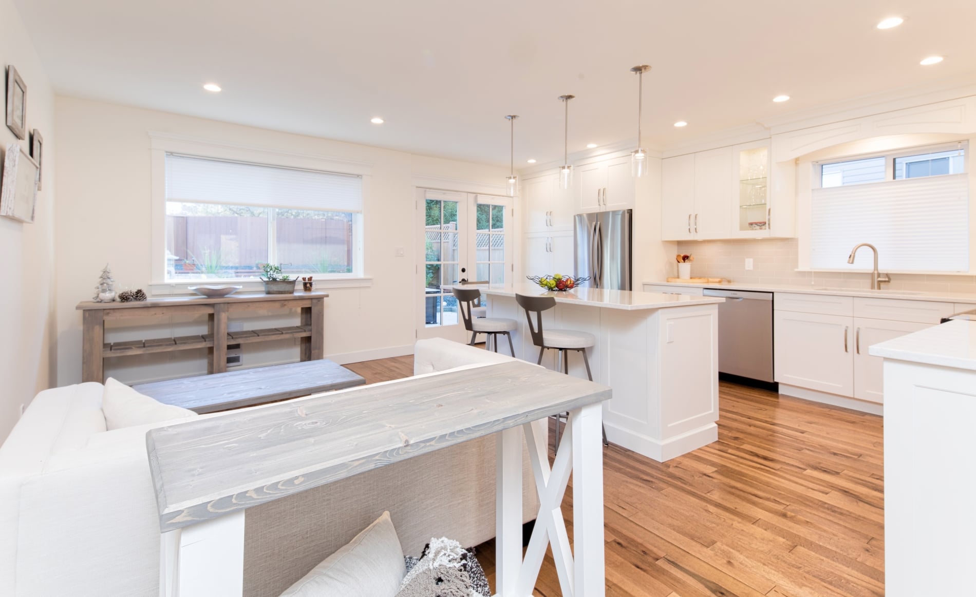 kitchen reno, full view on angle including dining area