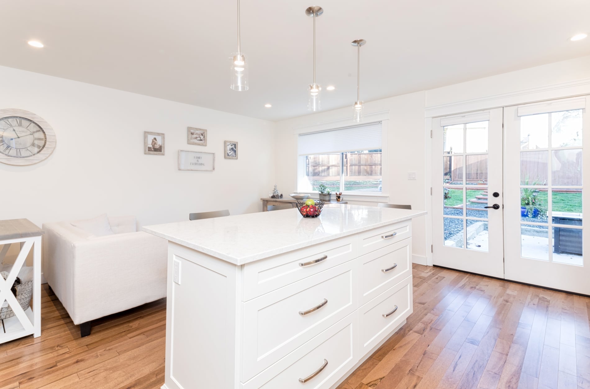 kitchen reno, view from island towards dining area